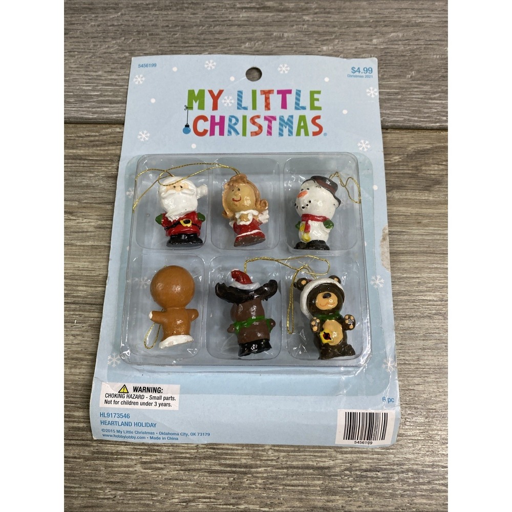My Little Christmas package of 6 mini ornaments Santa snowman gingerbread NIP